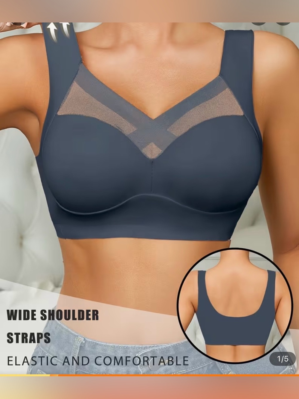 Wireless Full Coverage Push Up Bra with Mesh V-Panel - Slate